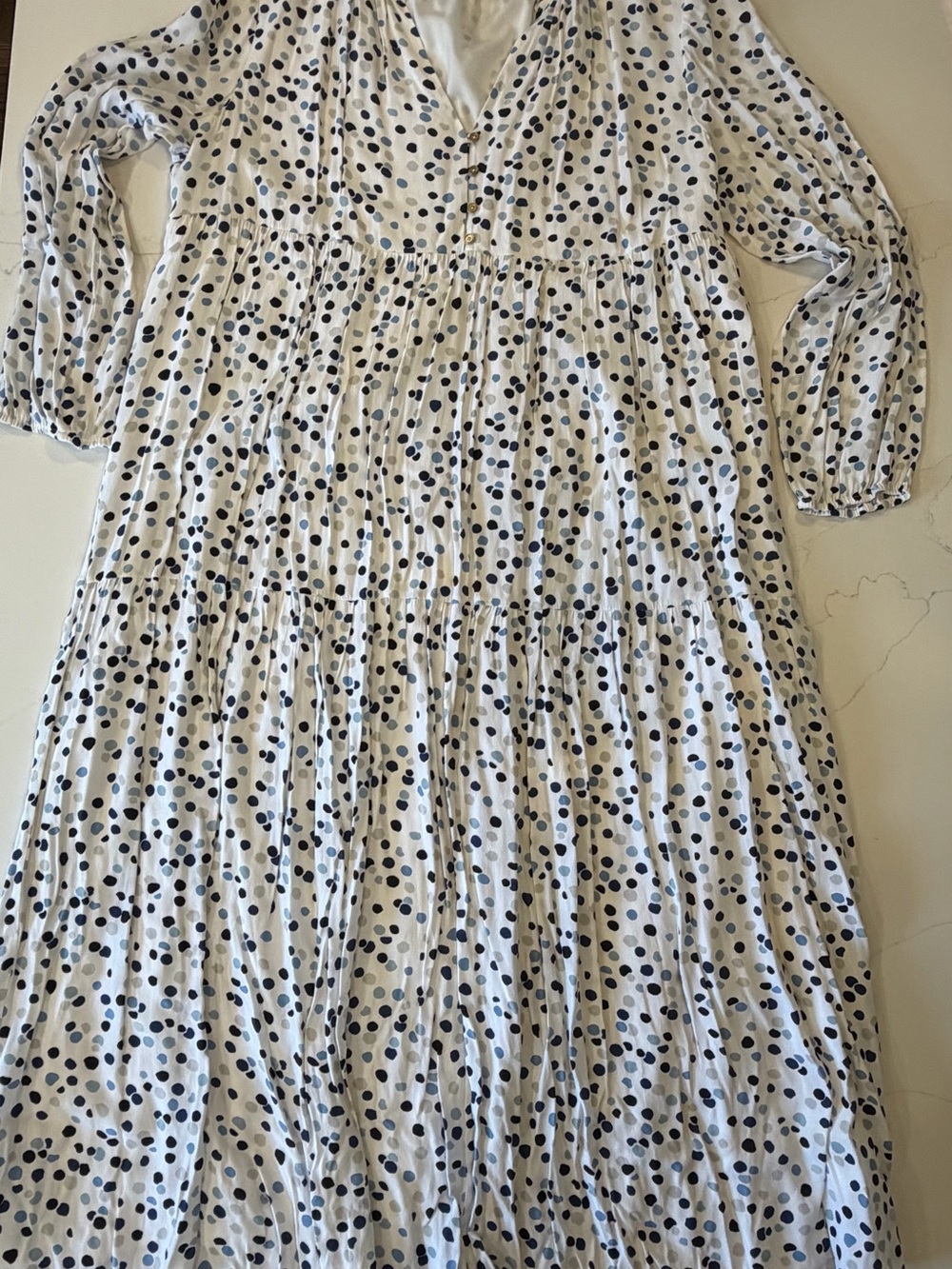 LOFT MATERNITY White Dress with Navy/Light Blue and Gray Polka Dots
